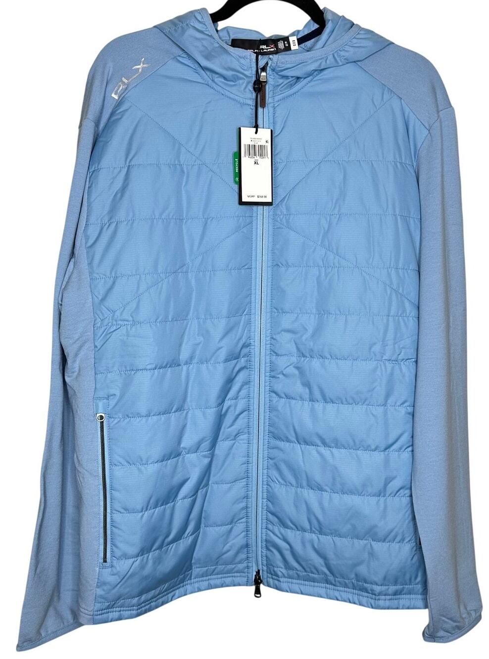 RLX Polo Ralph Lauren Full Zip Quilted Hooded Golf Jacket Light Blue Mens XL NWT
